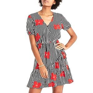 Madewell - Mini Ruffle Wrap Dress, Striped Floral - Size 00, Black, White, Red